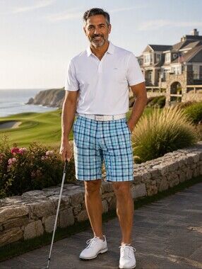 Greg Norman Shark Slim Fit Golf Shorts Blue Gray Plaid Stretch 42